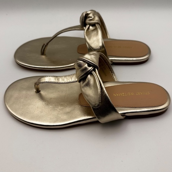 Stuart Weitzman Bandeau Gold Leather T-Strap Slide Sandal w Bow Size 6-6.5 - Picture 5 of 14